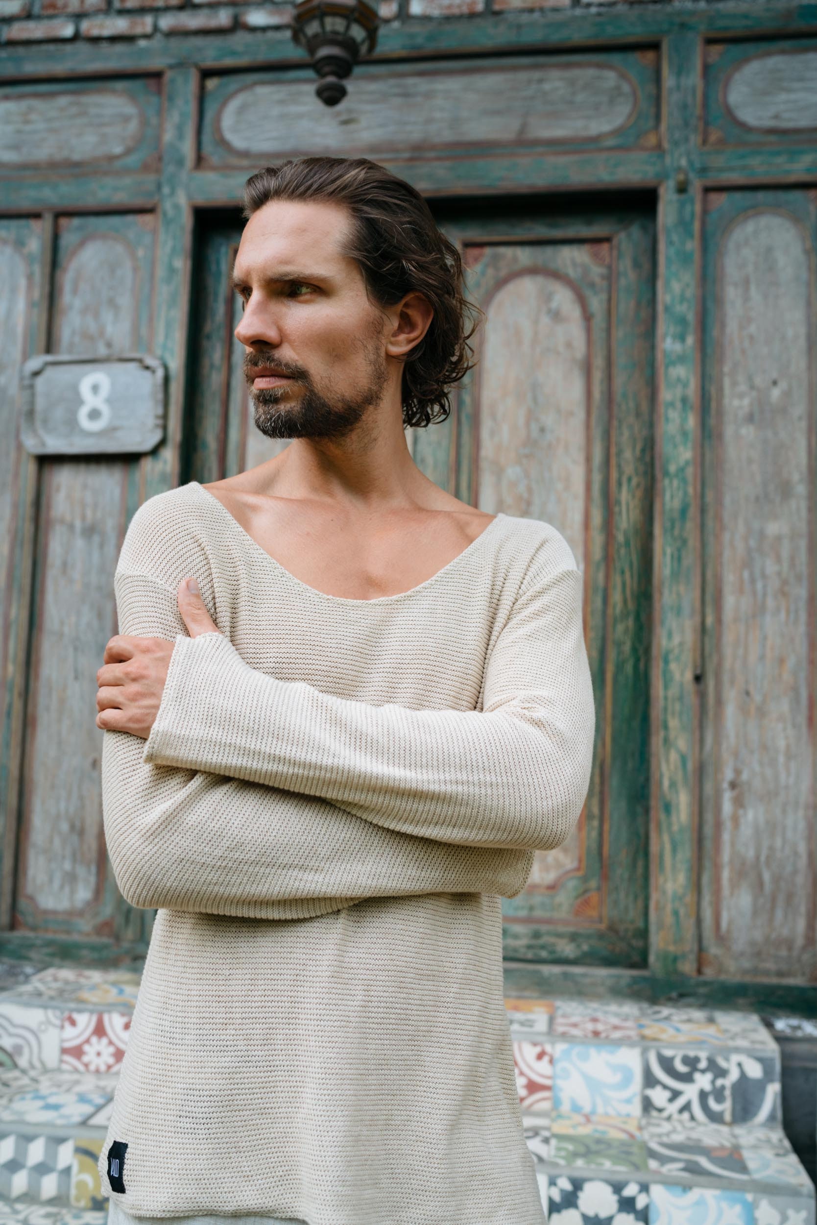 Oversized Knit Cotton Shirt: Deep V Neck Thumb Oversized Knit Cotton Shirt: Deep V Neck Thumb