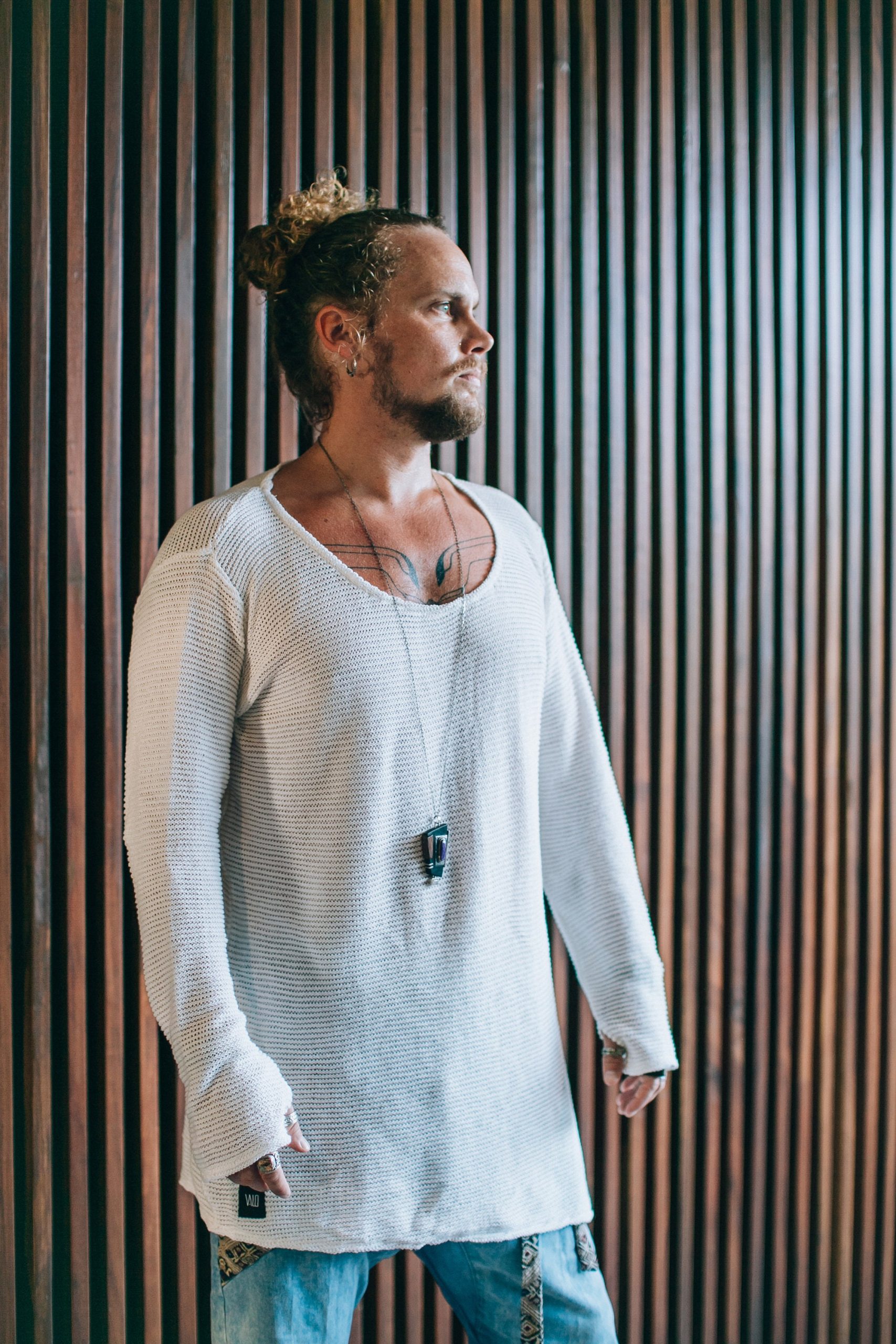 Oversized Knit Cotton Shirt: Deep V Neck Thumb Oversized Knit Cotton Shirt: Deep V Neck Thumb