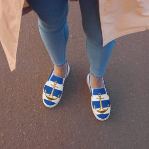 Nautical Slipon Canvas Shoes: Golden Anchor Striped Sneakers