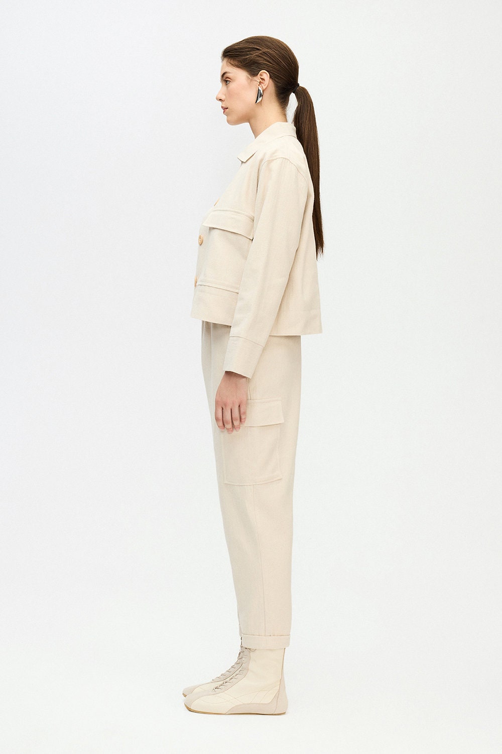 Herringbone Short Jacket Cotton Beige Cream Soft Herringbone Short Jacket Cotton Beige Cream Soft