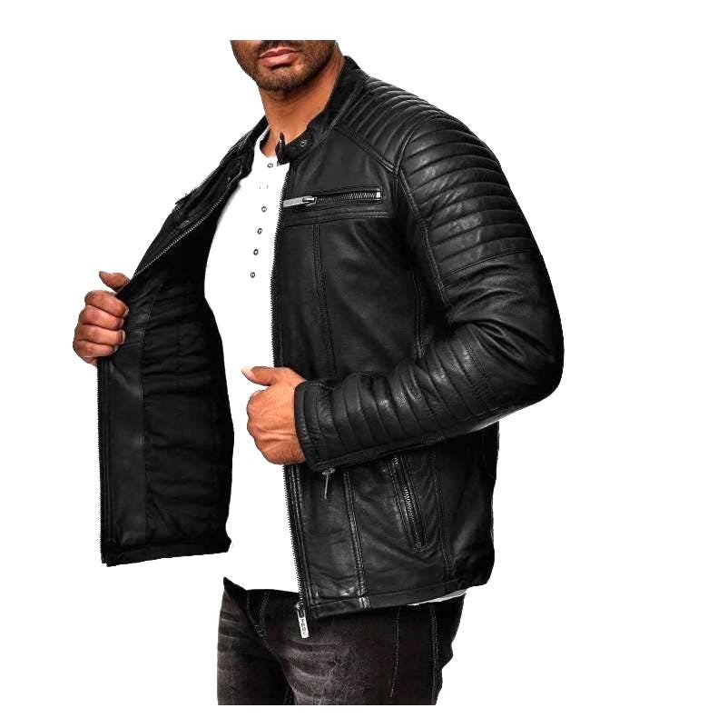 Men's Black Sheepskin Leather Cafe Racer Jacket Tn5bk