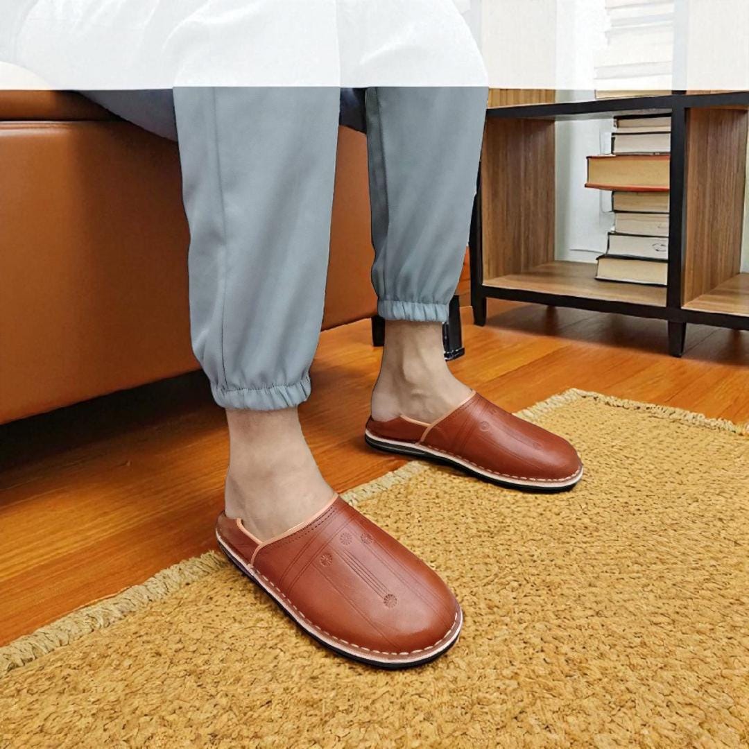 Handmade Moroccan Leather Babouche Stylish Brown Slippers Men Handmade Moroccan Leather Babouche Stylish Brown Slippers Men